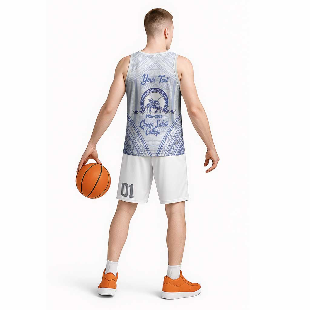 Queen Salote College 100 Years Personalized Basketball Jersey Tonga QSC Heilala Lei White Ngatu Pattern