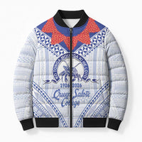Queen Salote College 100 Years Personalized Bomber Puffer Jacket Tonga QSC Heilala Lei White Ngatu Pattern LT14 Unisex White - Polynesian Pride