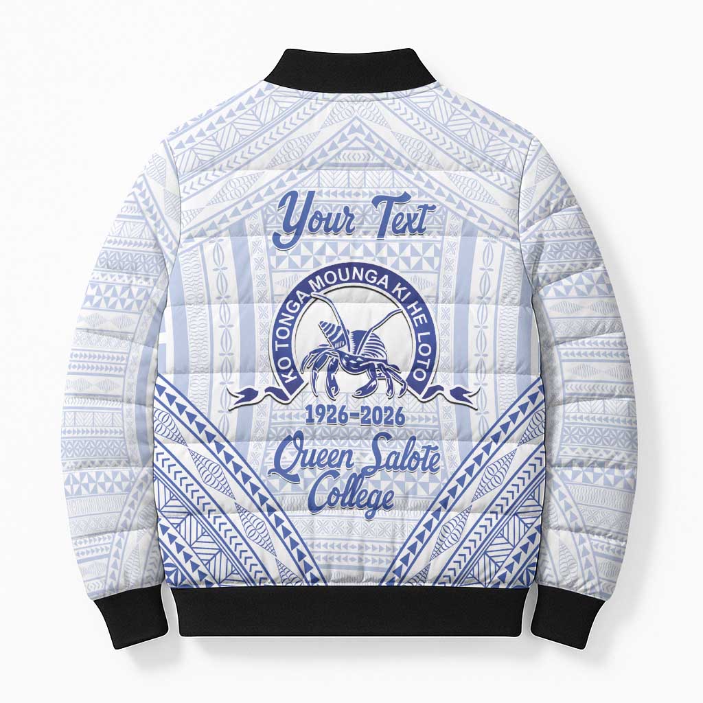 Queen Salote College 100 Years Personalized Bomber Puffer Jacket Tonga QSC Heilala Lei White Ngatu Pattern LT14 - Polynesian Pride