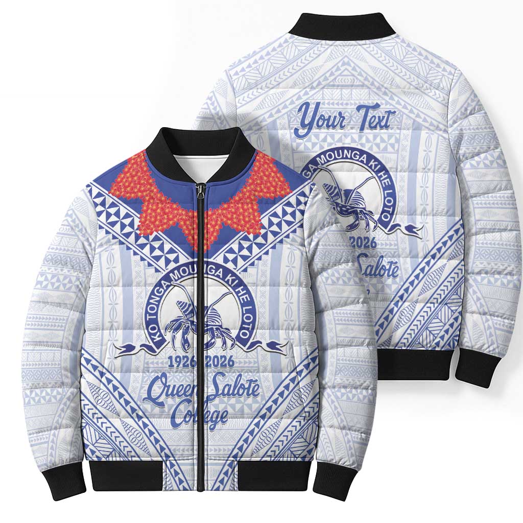 Queen Salote College 100 Years Personalized Bomber Puffer Jacket Tonga QSC Heilala Lei White Ngatu Pattern LT14 - Polynesian Pride