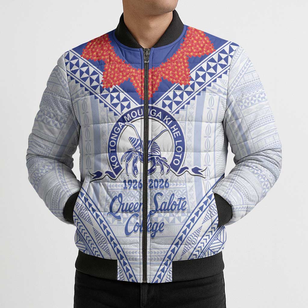 Queen Salote College 100 Years Personalized Bomber Puffer Jacket Tonga QSC Heilala Lei White Ngatu Pattern LT14 - Polynesian Pride