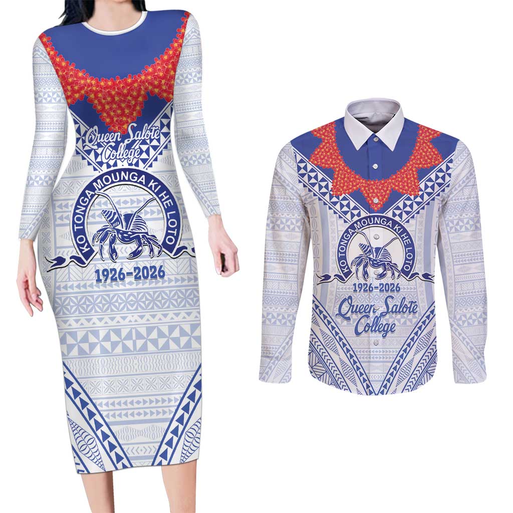Queen Salote College 100 Years Personalized Couples Matching Long Sleeve Bodycon Dress and Long Sleeve Button Shirt Tonga QSC Heilala Lei White Ngatu Pattern LT14 White - Polynesian Pride