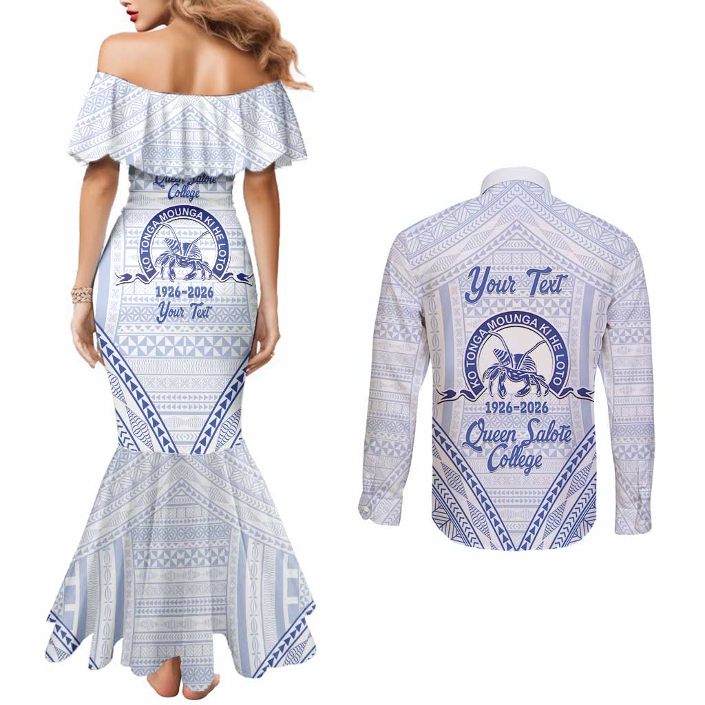 Queen Salote College 100 Years Personalized Couples Matching Mermaid Dress and Long Sleeve Button Shirt Tonga QSC Heilala Lei White Ngatu Pattern LT14 - Polynesian Pride