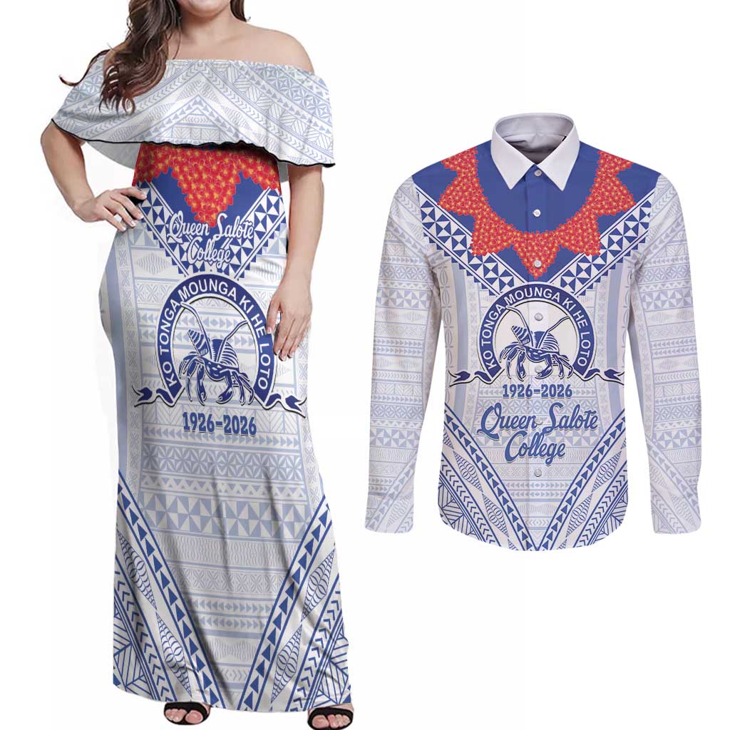 Queen Salote College 100 Years Personalized Couples Matching Off Shoulder Maxi Dress and Long Sleeve Button Shirt Tonga QSC Heilala Lei White Ngatu Pattern LT14 White - Polynesian Pride
