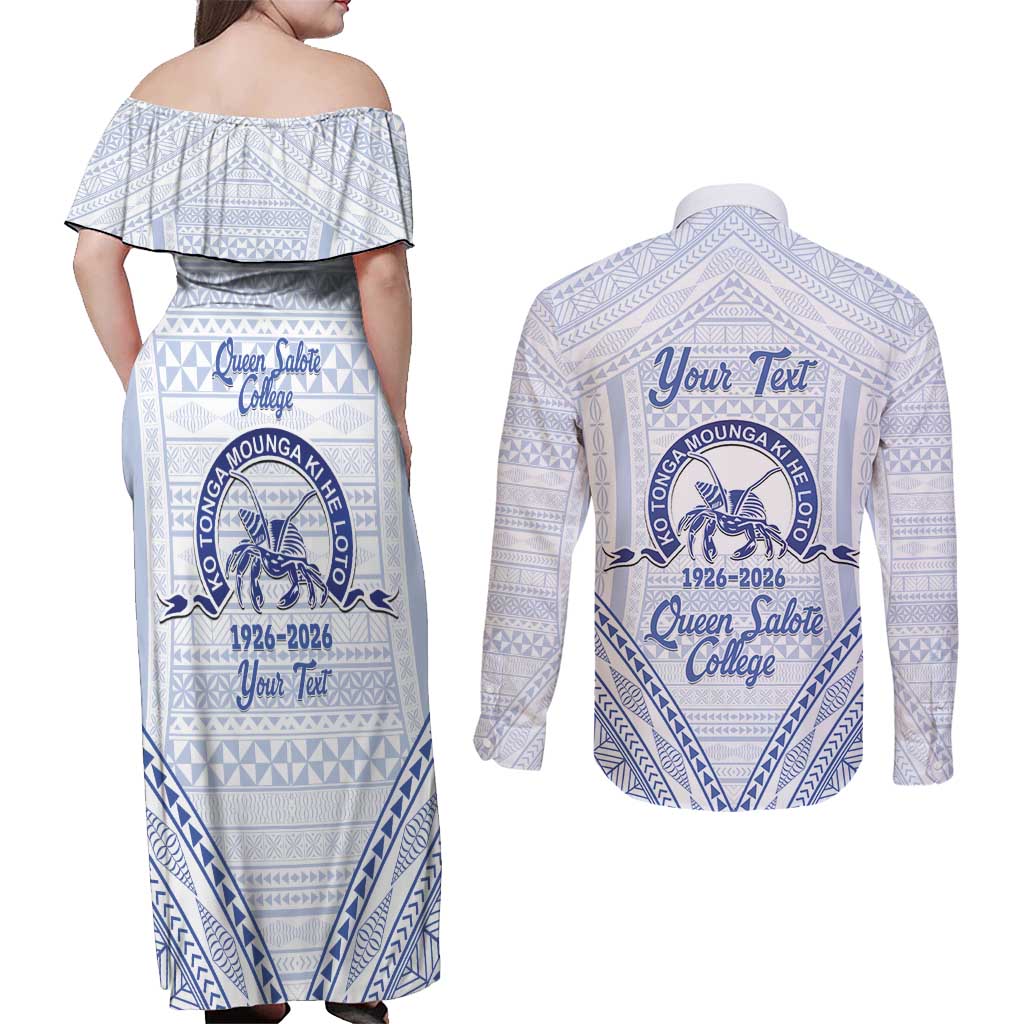Queen Salote College 100 Years Personalized Couples Matching Off Shoulder Maxi Dress and Long Sleeve Button Shirt Tonga QSC Heilala Lei White Ngatu Pattern LT14 - Polynesian Pride