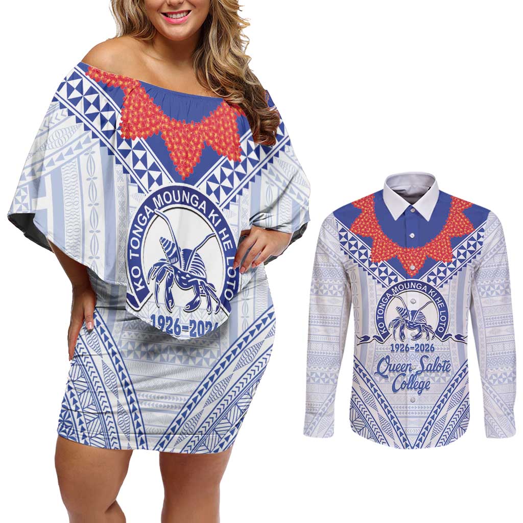 Queen Salote College 100 Years Personalized Couples Matching Off Shoulder Short Dress and Long Sleeve Button Shirt Tonga QSC Heilala Lei White Ngatu Pattern LT14 White - Polynesian Pride