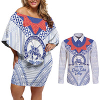 Queen Salote College 100 Years Personalized Couples Matching Off Shoulder Short Dress and Long Sleeve Button Shirt Tonga QSC Heilala Lei White Ngatu Pattern LT14 White - Polynesian Pride