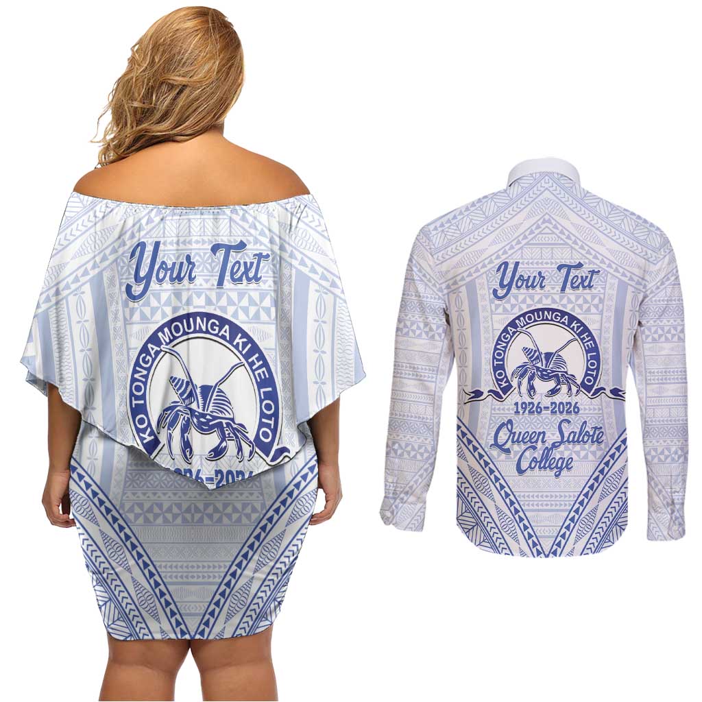 Queen Salote College 100 Years Personalized Couples Matching Off Shoulder Short Dress and Long Sleeve Button Shirt Tonga QSC Heilala Lei White Ngatu Pattern LT14 - Polynesian Pride