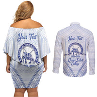 Queen Salote College 100 Years Personalized Couples Matching Off Shoulder Short Dress and Long Sleeve Button Shirt Tonga QSC Heilala Lei White Ngatu Pattern LT14 - Polynesian Pride