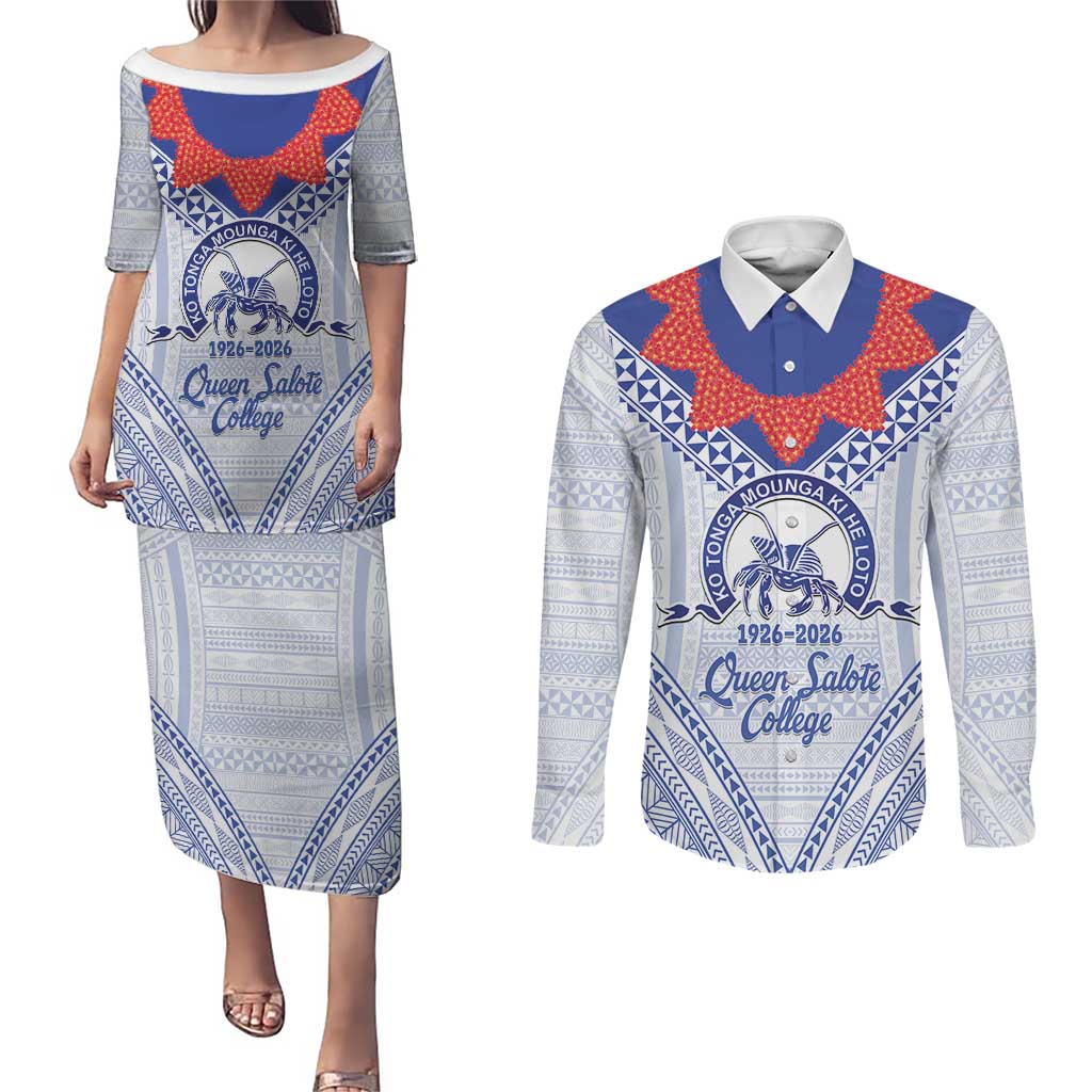 Queen Salote College 100 Years Personalized Couples Matching Puletasi and Long Sleeve Button Shirt Tonga QSC Heilala Lei White Ngatu Pattern LT14 White - Polynesian Pride