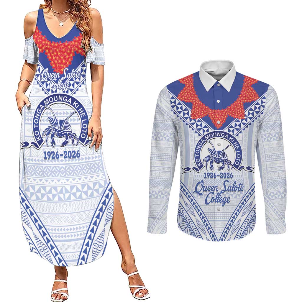 Queen Salote College 100 Years Personalized Couples Matching Summer Maxi Dress and Long Sleeve Button Shirt Tonga QSC Heilala Lei White Ngatu Pattern LT14 White - Polynesian Pride