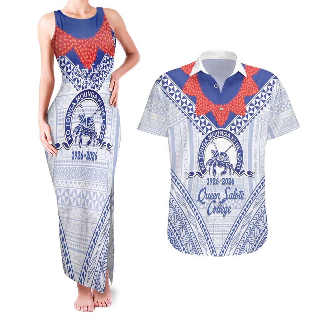 Queen Salote College 100 Years Personalized Couples Matching Tank Maxi Dress and Hawaiian Shirt Tonga QSC Heilala Lei White Ngatu Pattern LT14 White - Polynesian Pride