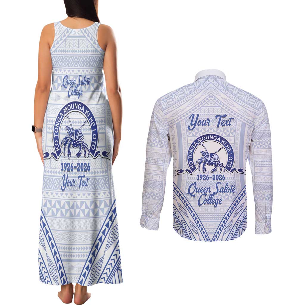 Queen Salote College 100 Years Personalized Couples Matching Tank Maxi Dress and Long Sleeve Button Shirt Tonga QSC Heilala Lei White Ngatu Pattern LT14 - Polynesian Pride
