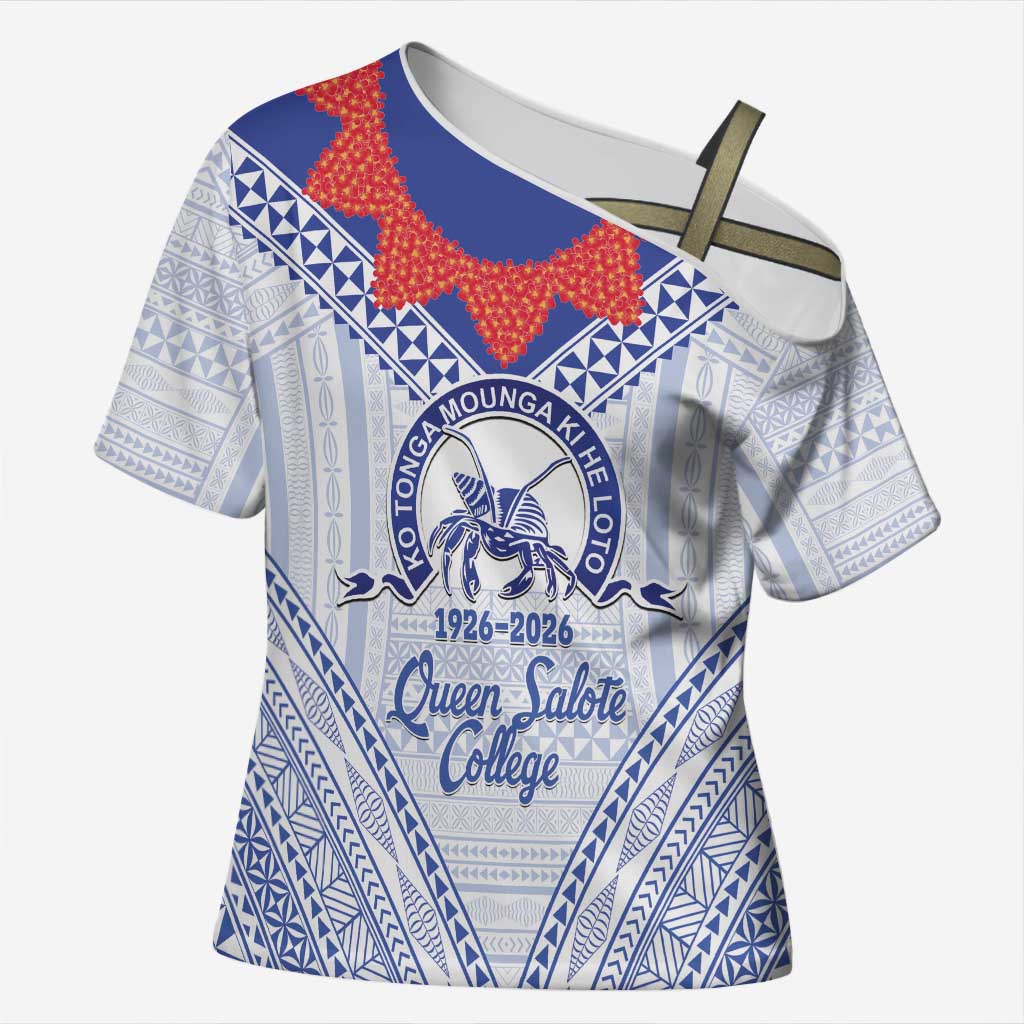 Queen Salote College 100 Years Personalized Cross Shoulder Shirt Tonga QSC Heilala Lei White Ngatu Pattern LT14 Female White - Polynesian Pride