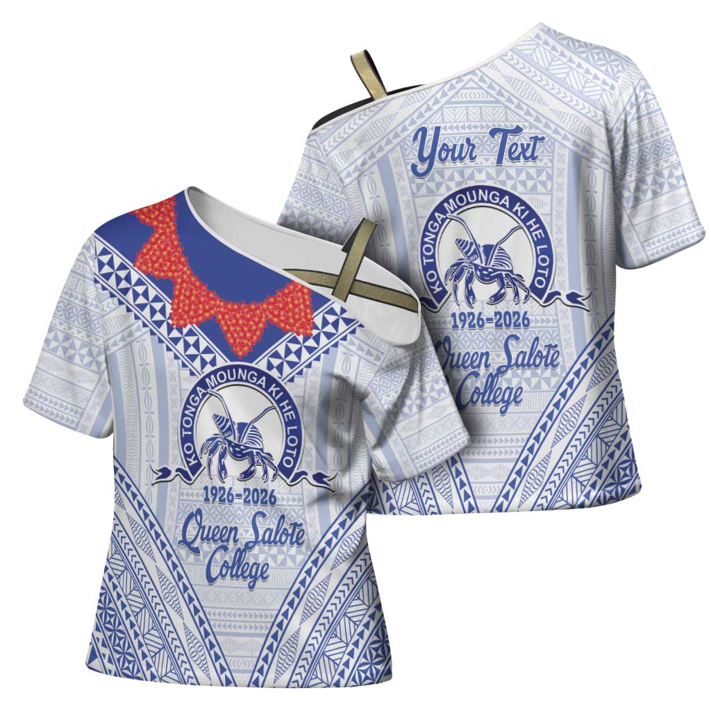 Queen Salote College 100 Years Personalized Cross Shoulder Shirt Tonga QSC Heilala Lei White Ngatu Pattern LT14 - Polynesian Pride