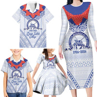 Queen Salote College 100 Years Personalized Family Matching Long Sleeve Bodycon Dress and Hawaiian Shirt Tonga QSC Heilala Lei White Ngatu Pattern