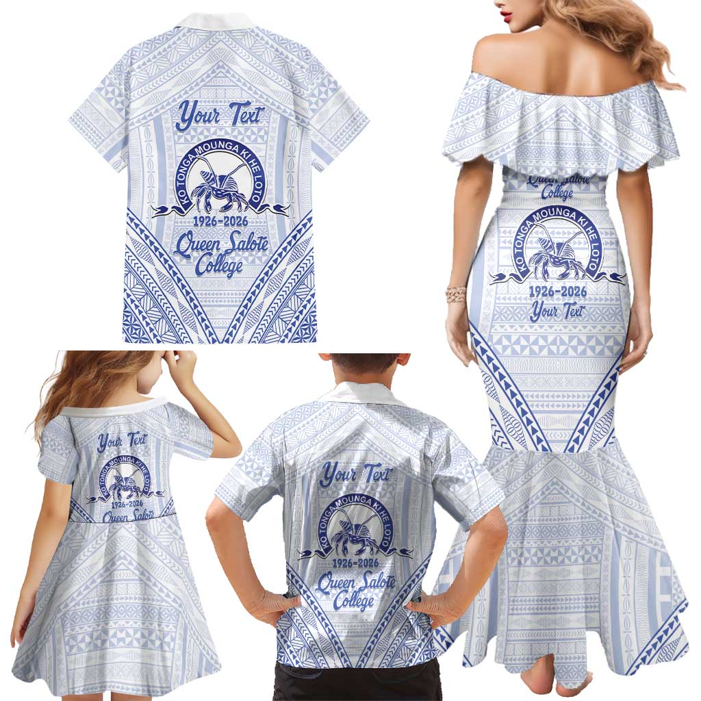 Queen Salote College 100 Years Personalized Family Matching Mermaid Dress and Hawaiian Shirt Tonga QSC Heilala Lei White Ngatu Pattern