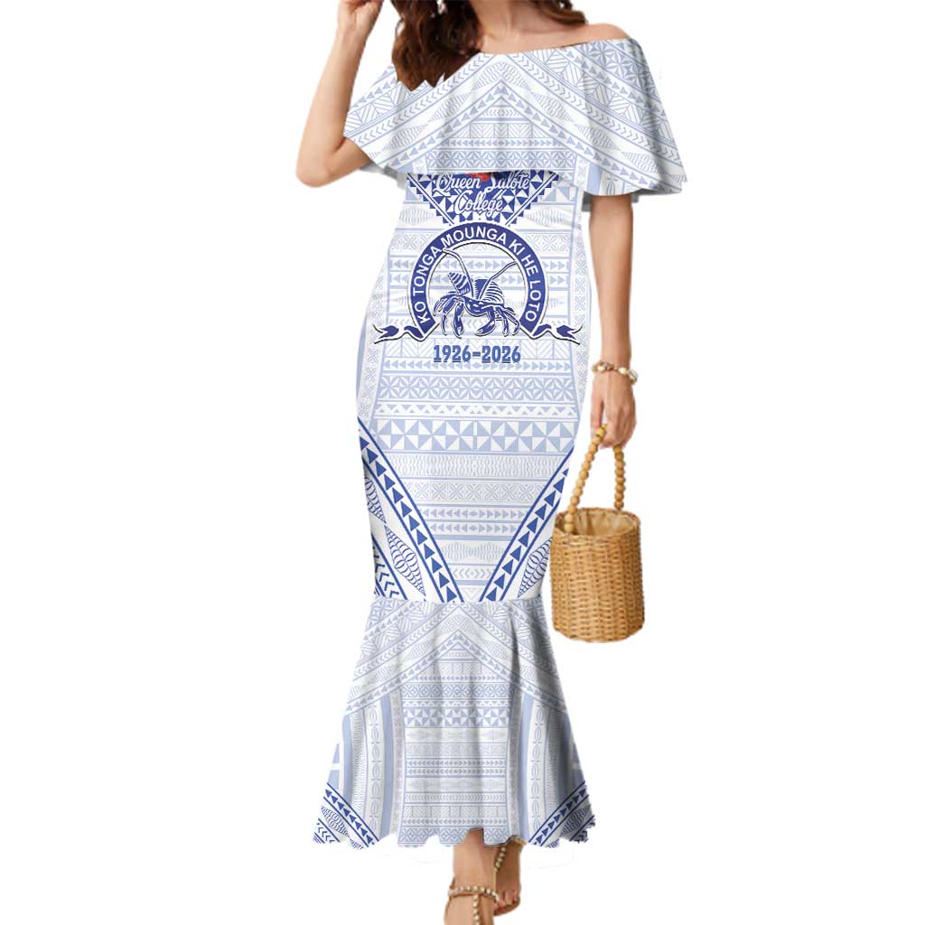 Queen Salote College 100 Years Personalized Family Matching Mermaid Dress and Hawaiian Shirt Tonga QSC Heilala Lei White Ngatu Pattern