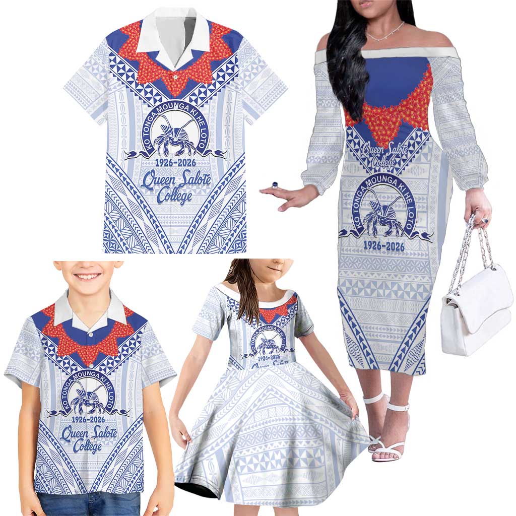 Queen Salote College 100 Years Personalized Family Matching Off The Shoulder Long Sleeve Dress and Hawaiian Shirt Tonga QSC Heilala Lei White Ngatu Pattern LT14 - Polynesian Pride