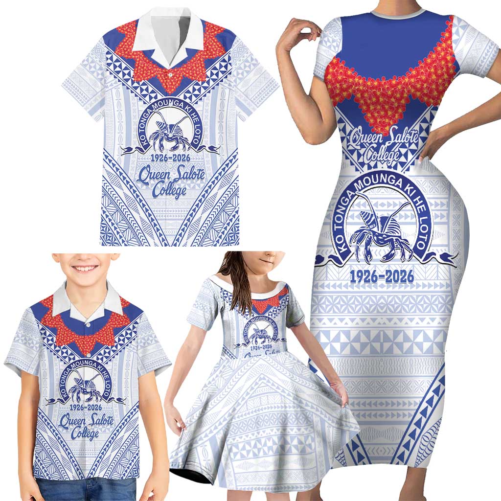 Queen Salote College 100 Years Personalized Family Matching Short Sleeve Bodycon Dress and Hawaiian Shirt Tonga QSC Heilala Lei White Ngatu Pattern LT14 - Polynesian Pride