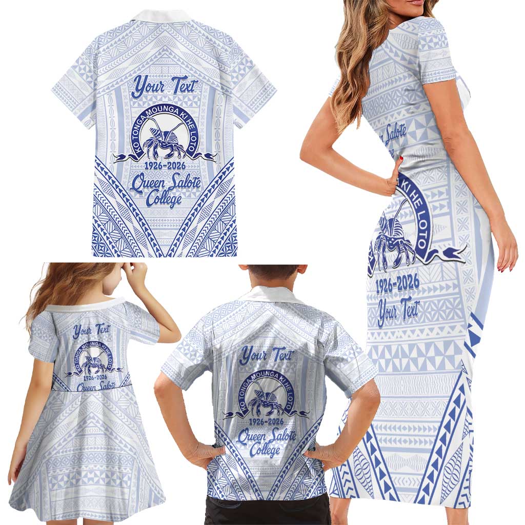 Queen Salote College 100 Years Personalized Family Matching Short Sleeve Bodycon Dress and Hawaiian Shirt Tonga QSC Heilala Lei White Ngatu Pattern