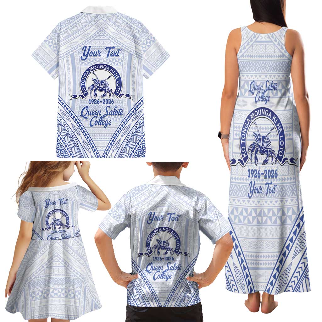 Queen Salote College 100 Years Personalized Family Matching Tank Maxi Dress and Hawaiian Shirt Tonga QSC Heilala Lei White Ngatu Pattern