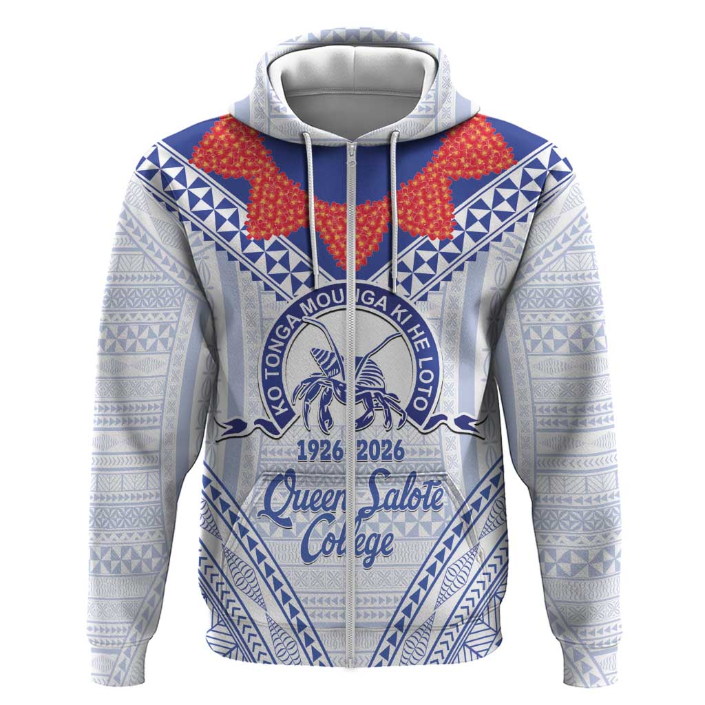 Queen Salote College 100 Years Personalized Hoodie Tonga QSC Heilala Lei White Ngatu Pattern LT14 Zip Hoodie White - Polynesian Pride