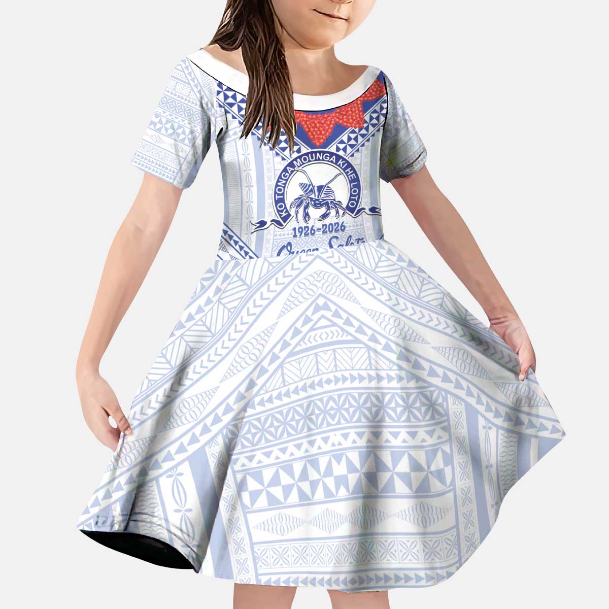 Queen Salote College 100 Years Personalized Kid Short Sleeve Dress Tonga QSC Heilala Lei White Ngatu Pattern LT14 KID White - Polynesian Pride