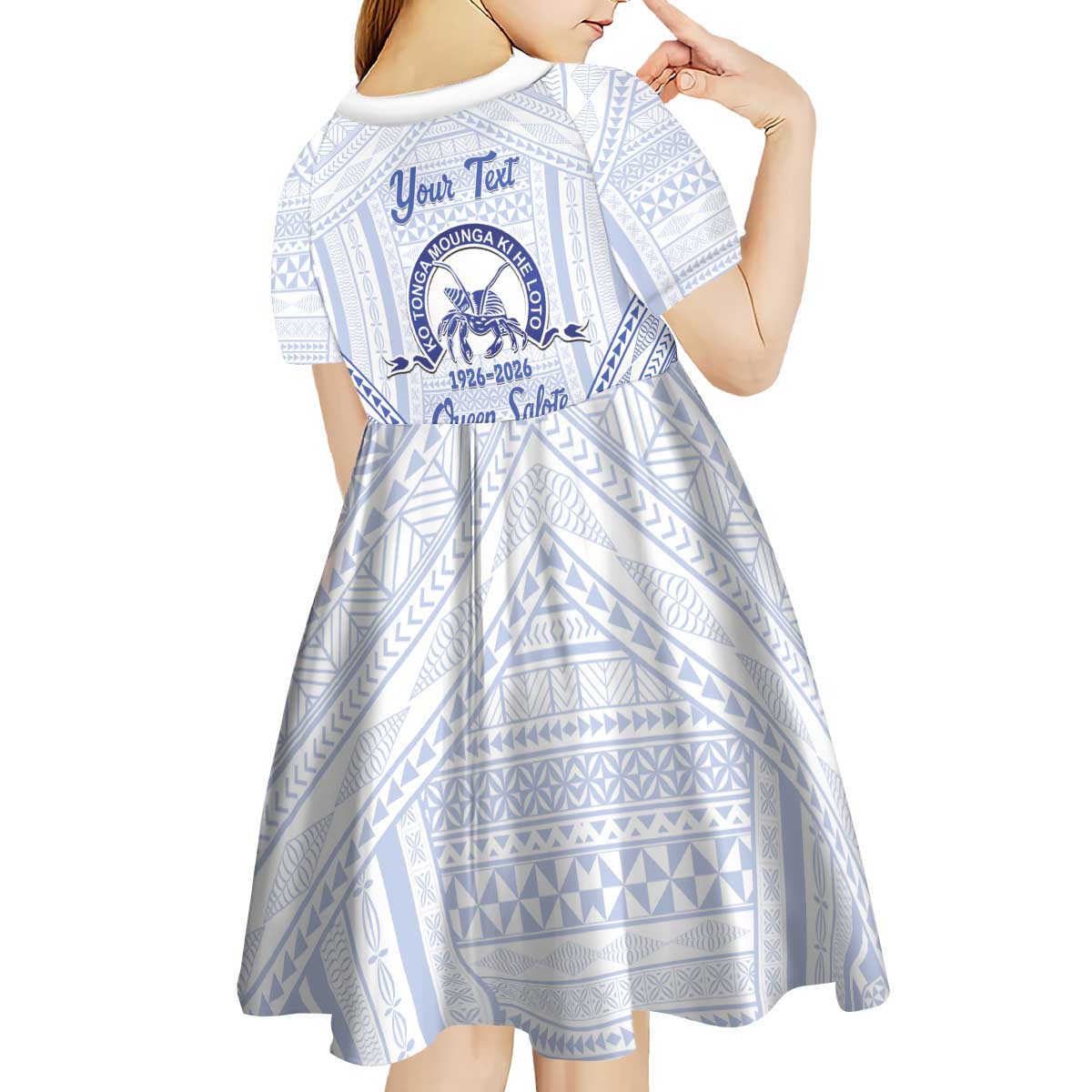 Queen Salote College 100 Years Personalized Kid Short Sleeve Dress Tonga QSC Heilala Lei White Ngatu Pattern LT14 - Polynesian Pride