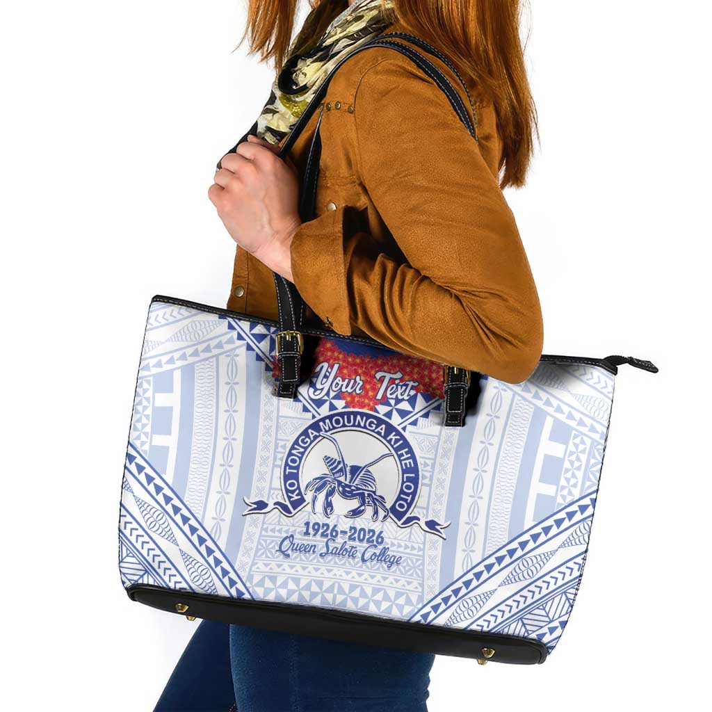 Queen Salote College 100 Years Personalized Leather Tote Bag Tonga QSC Heilala Lei White Ngatu Pattern LT14 White - Polynesian Pride