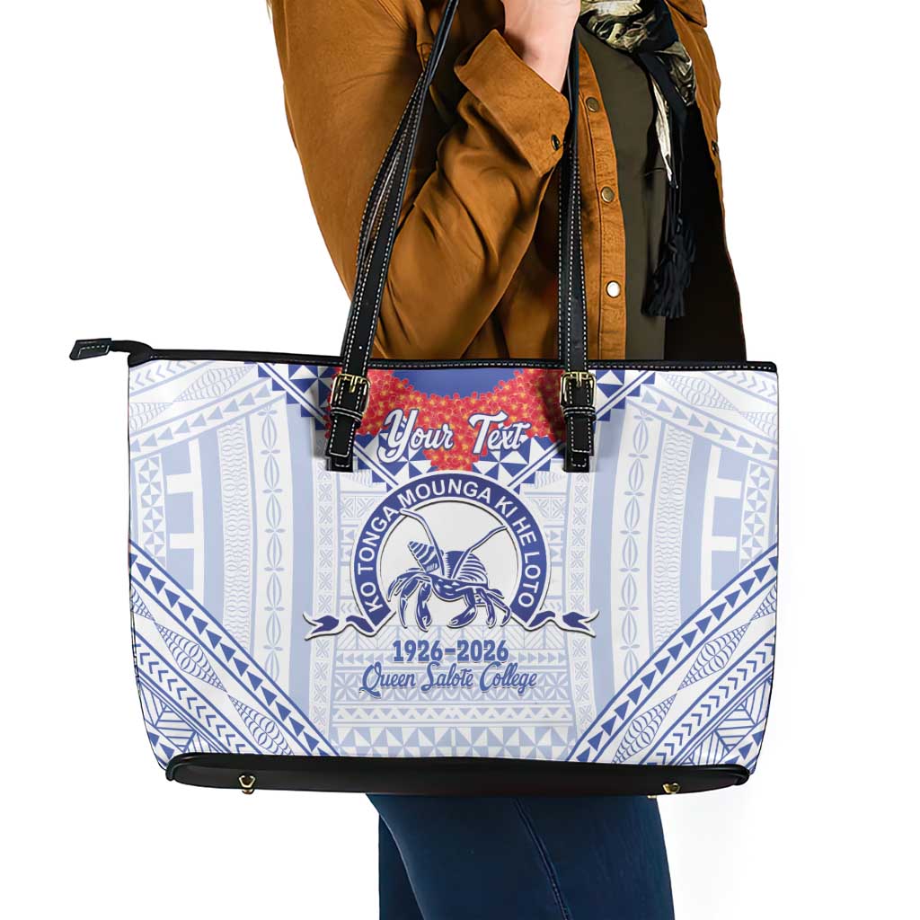 Queen Salote College 100 Years Personalized Leather Tote Bag Tonga QSC Heilala Lei White Ngatu Pattern LT14 - Polynesian Pride