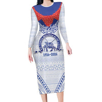 Queen Salote College 100 Years Personalized Long Sleeve Bodycon Dress Tonga QSC Heilala Lei White Ngatu Pattern LT14 Long Dress White - Polynesian Pride