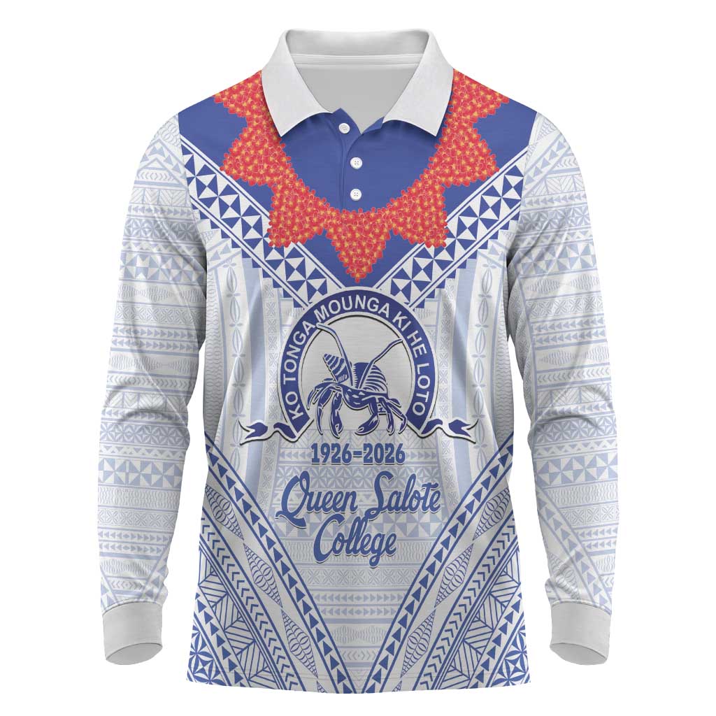 Queen Salote College 100 Years Personalized Long Sleeve Polo Shirt Tonga QSC Heilala Lei White Ngatu Pattern LT14 White - Polynesian Pride