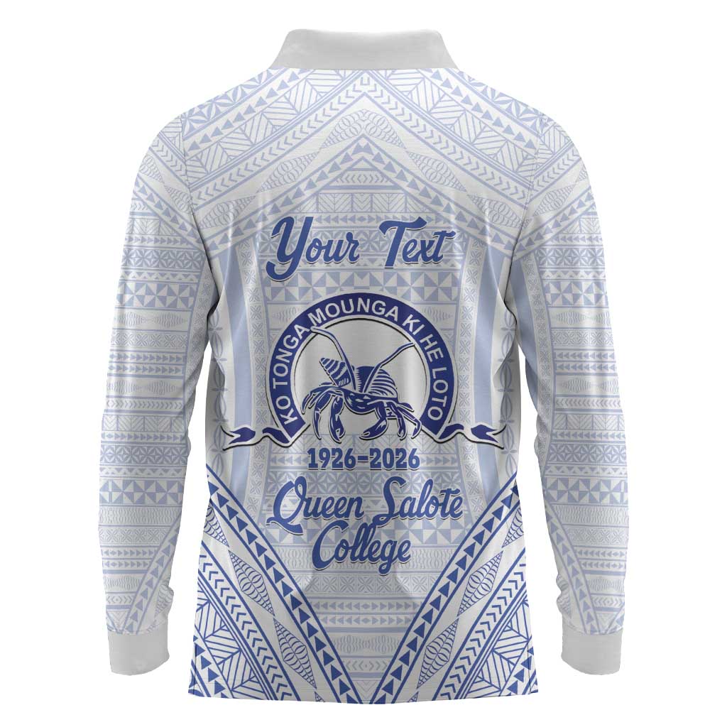 Queen Salote College 100 Years Personalized Long Sleeve Polo Shirt Tonga QSC Heilala Lei White Ngatu Pattern LT14 - Polynesian Pride