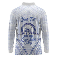 Queen Salote College 100 Years Personalized Long Sleeve Polo Shirt Tonga QSC Heilala Lei White Ngatu Pattern LT14 - Polynesian Pride