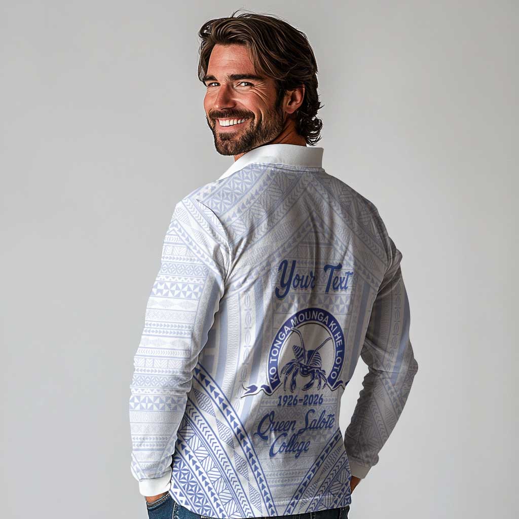 Queen Salote College 100 Years Personalized Long Sleeve Polo Shirt Tonga QSC Heilala Lei White Ngatu Pattern LT14 - Polynesian Pride