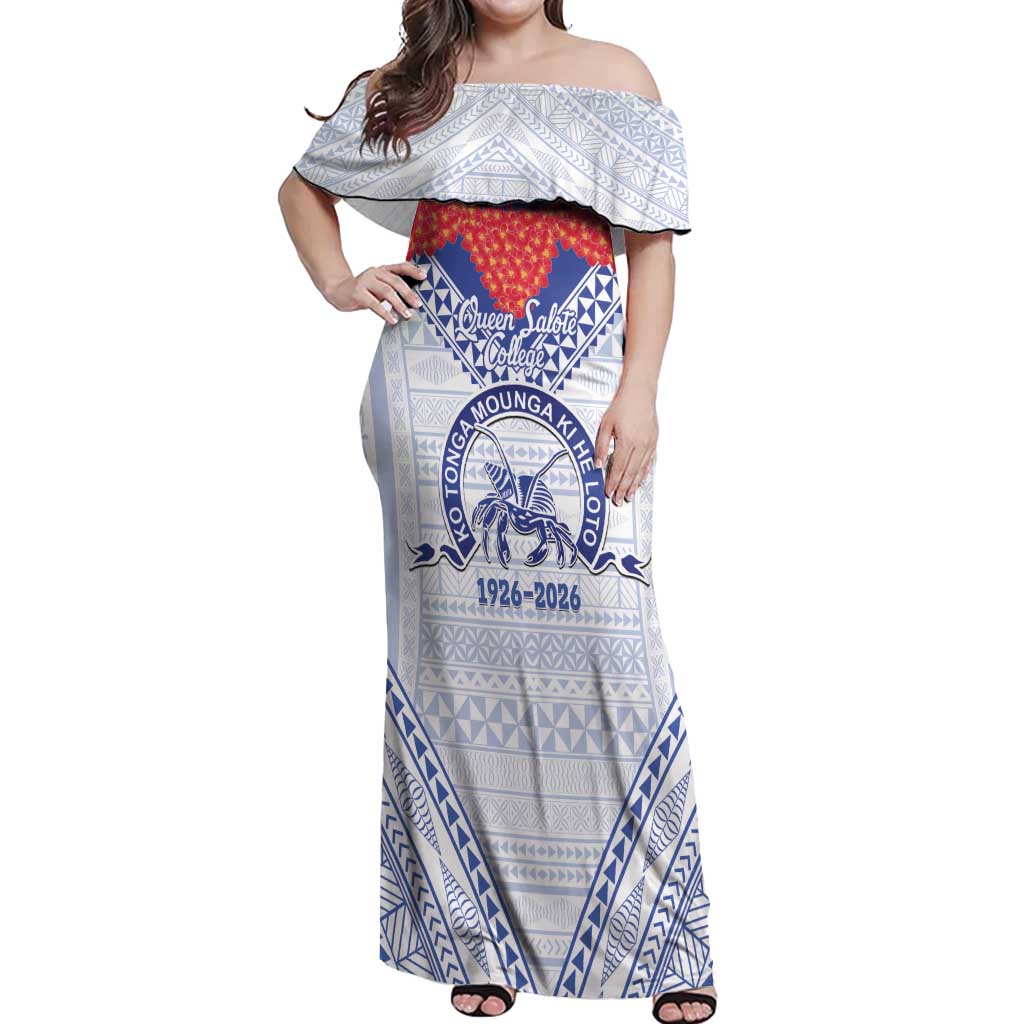 Queen Salote College 100 Years Personalized Off Shoulder Maxi Dress Tonga QSC Heilala Lei White Ngatu Pattern LT14 Women White - Polynesian Pride