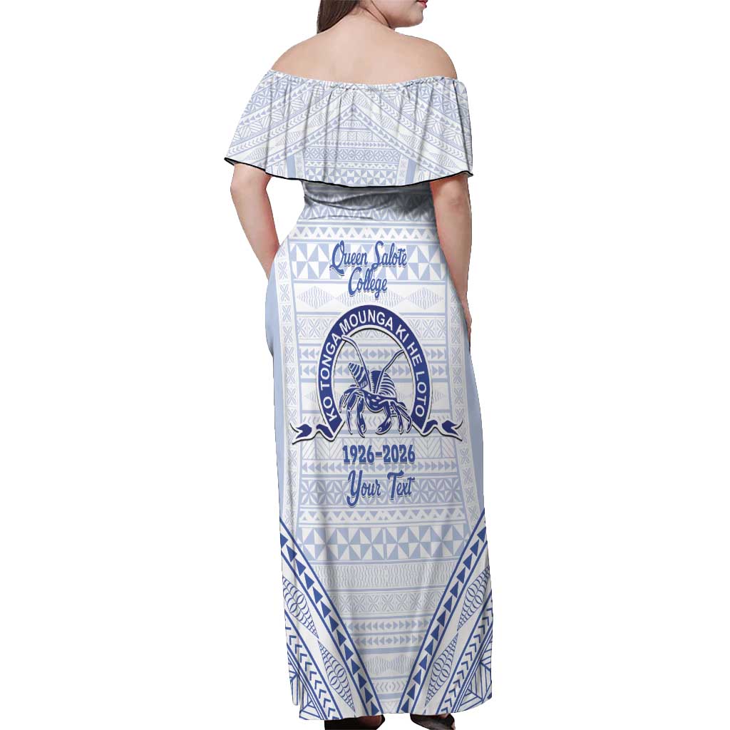 Queen Salote College 100 Years Personalized Off Shoulder Maxi Dress Tonga QSC Heilala Lei White Ngatu Pattern LT14 - Polynesian Pride