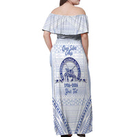 Queen Salote College 100 Years Personalized Off Shoulder Maxi Dress Tonga QSC Heilala Lei White Ngatu Pattern LT14 - Polynesian Pride