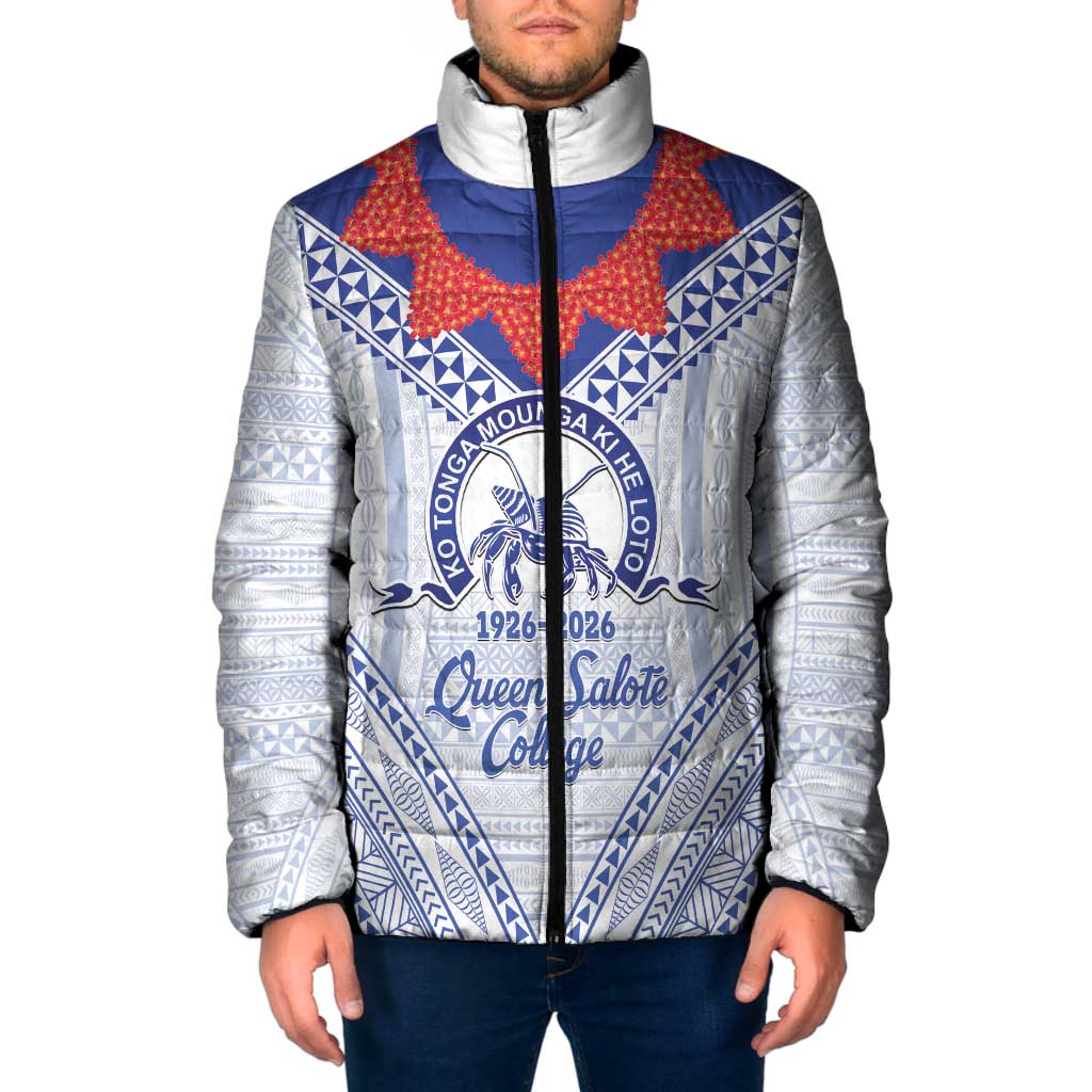 Queen Salote College 100 Years Personalized Padded Jacket Tonga QSC Heilala Lei White Ngatu Pattern LT14 Men White - Polynesian Pride