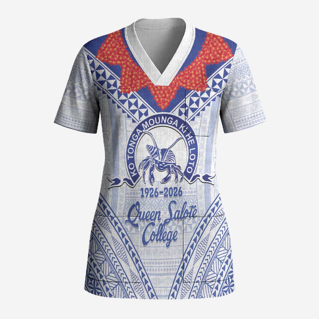 Queen Salote College 100 Years Personalized Scrub Top Tonga QSC Heilala Lei White Ngatu Pattern LT14 Adult White - Polynesian Pride