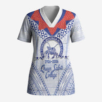 Queen Salote College 100 Years Personalized Scrub Top Tonga QSC Heilala Lei White Ngatu Pattern LT14 Adult White - Polynesian Pride