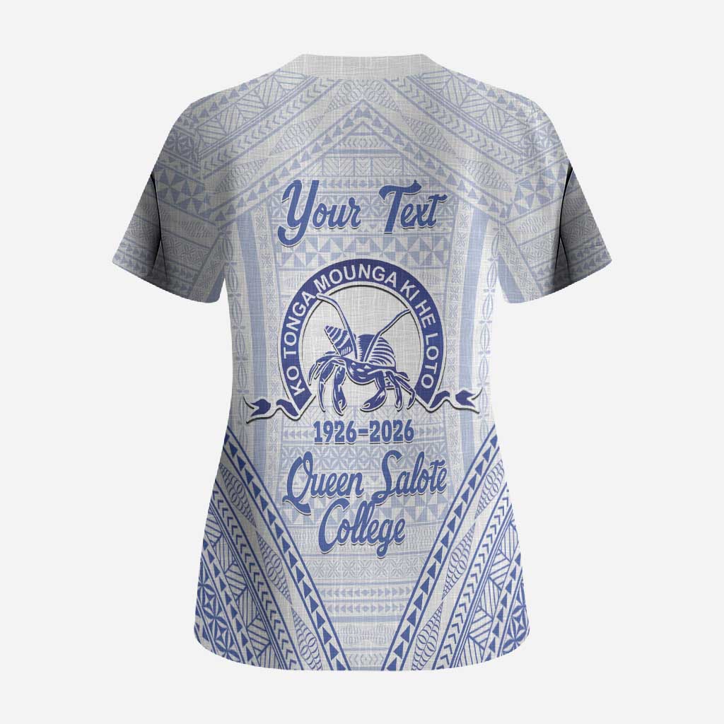 Queen Salote College 100 Years Personalized Scrub Top Tonga QSC Heilala Lei White Ngatu Pattern LT14 - Polynesian Pride