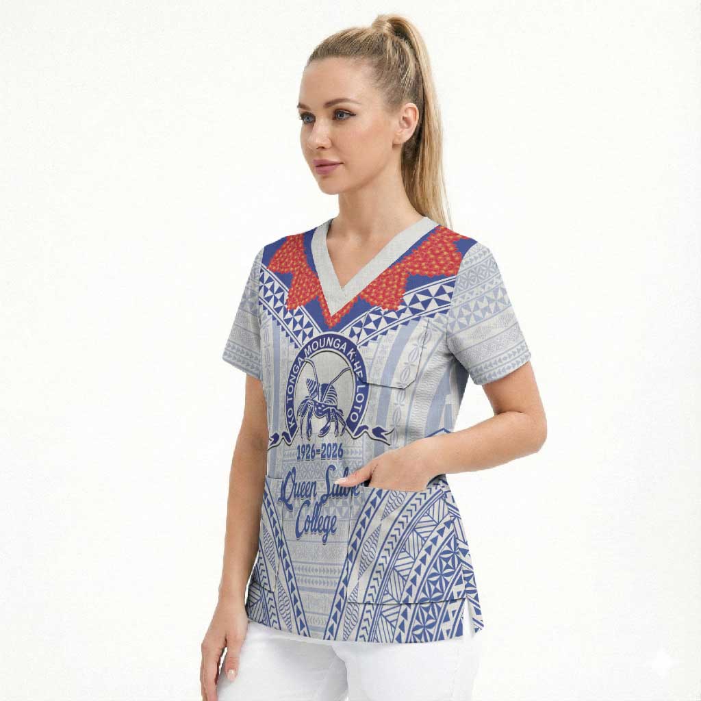 Queen Salote College 100 Years Personalized Scrub Top Tonga QSC Heilala Lei White Ngatu Pattern LT14 - Polynesian Pride