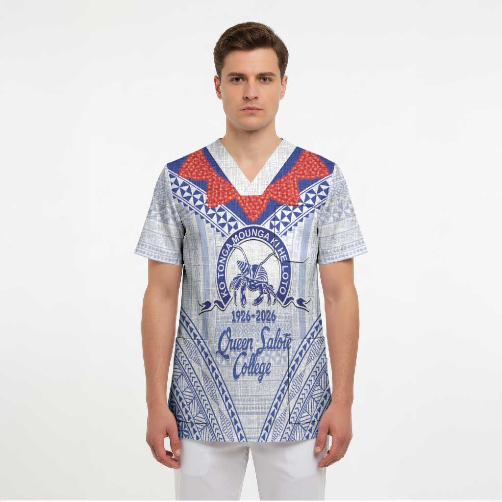 Queen Salote College 100 Years Personalized Scrub Top Tonga QSC Heilala Lei White Ngatu Pattern LT14 - Polynesian Pride