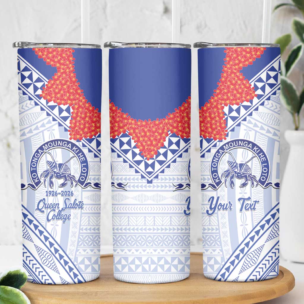 Queen Salote College 100 Years Personalized Skinny Tumbler Tonga QSC Heilala Lei White Ngatu Pattern LT14 - Polynesian Pride