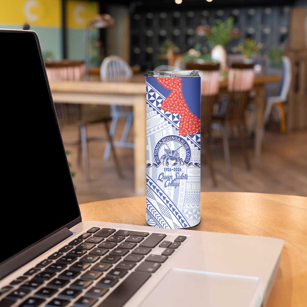 Queen Salote College 100 Years Personalized Skinny Tumbler Tonga QSC Heilala Lei White Ngatu Pattern LT14 - Polynesian Pride