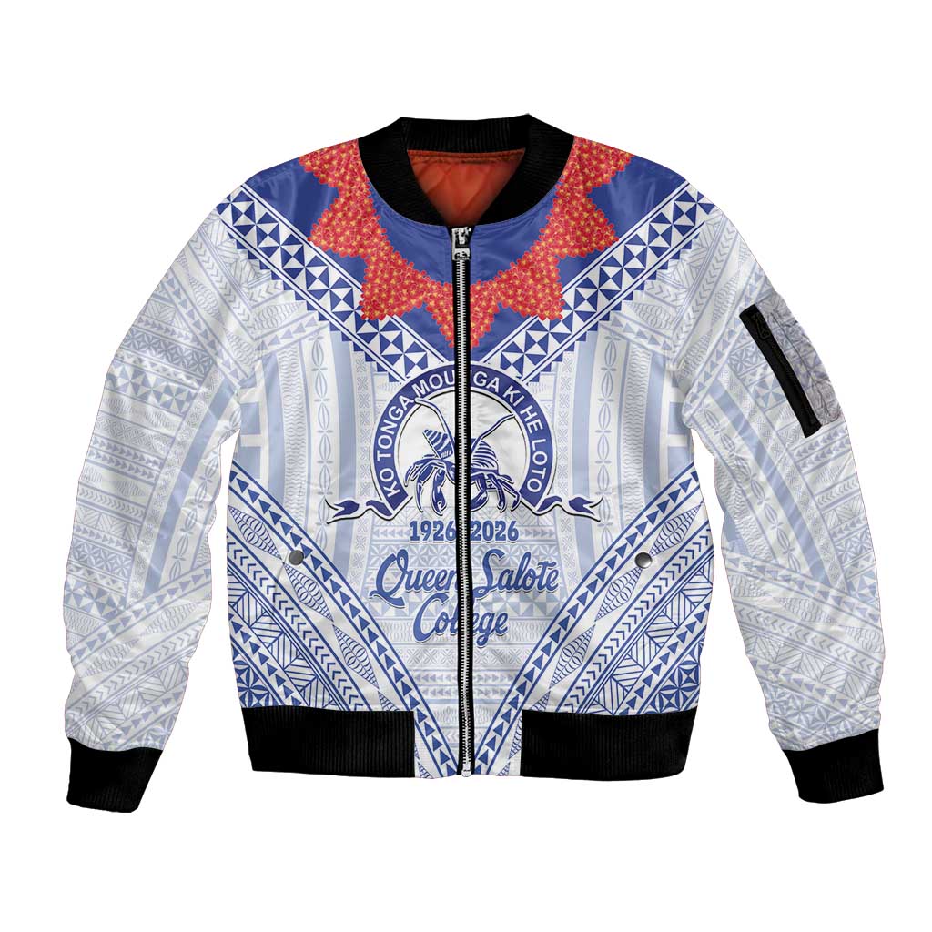 Queen Salote College 100 Years Personalized Sleeve Zip Bomber Jacket Tonga QSC Heilala Lei White Ngatu Pattern LT14 Unisex White - Polynesian Pride