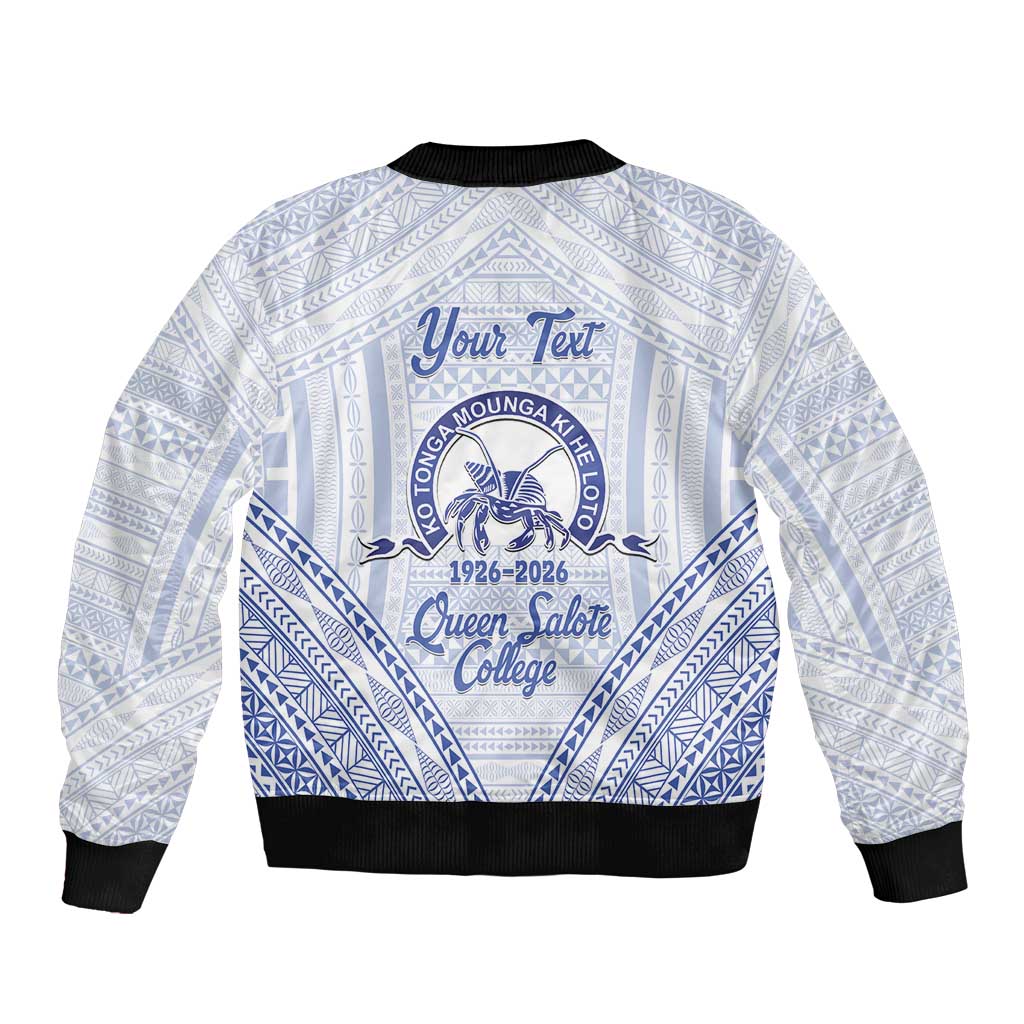 Queen Salote College 100 Years Personalized Sleeve Zip Bomber Jacket Tonga QSC Heilala Lei White Ngatu Pattern LT14 - Polynesian Pride