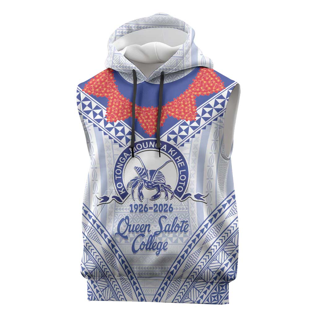Queen Salote College 100 Years Personalized Sleeveless Hoodie Tonga QSC Heilala Lei White Ngatu Pattern LT14 White - Polynesian Pride